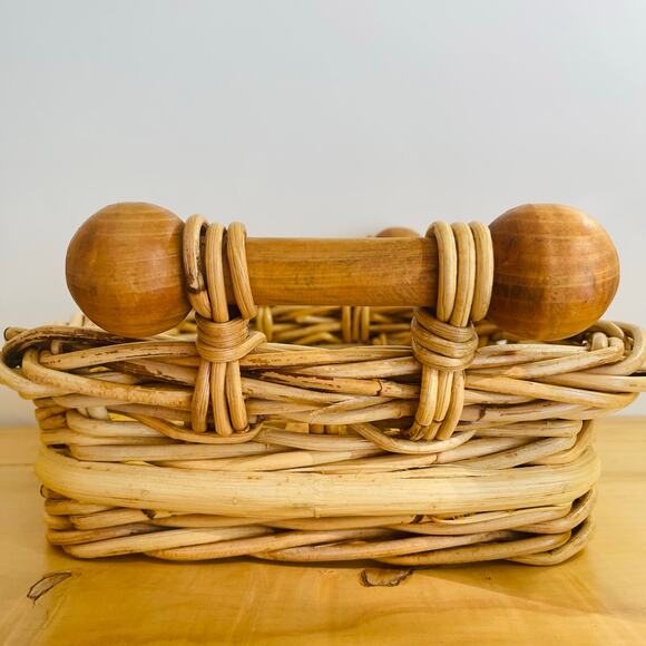 Vintage Woven Wicker Basket w/ Handles Wood Slats Bottom Decor Fruit Centerpiece - Picture 6 of 15